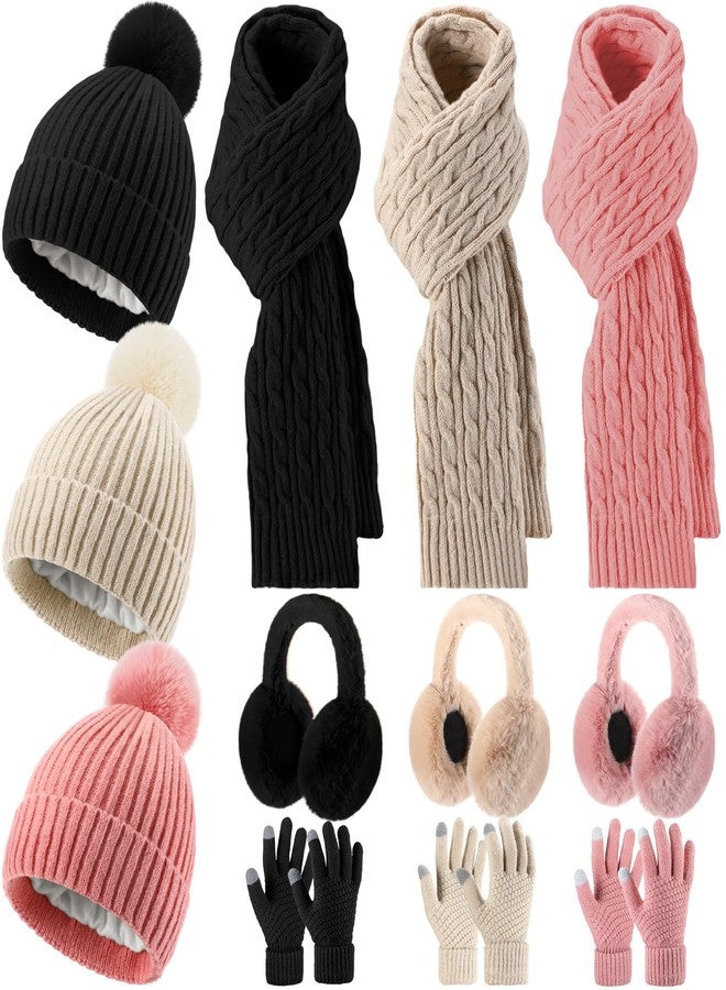 ShinyMatch 12 Pcs Winter Hat Gloves Scarf Earmuff Set Beanie Pompom Fleece Lining Hat Touch Screen Gloves Knitted Scarf(Black, Beige, Pink,Classic Style) - Image 1